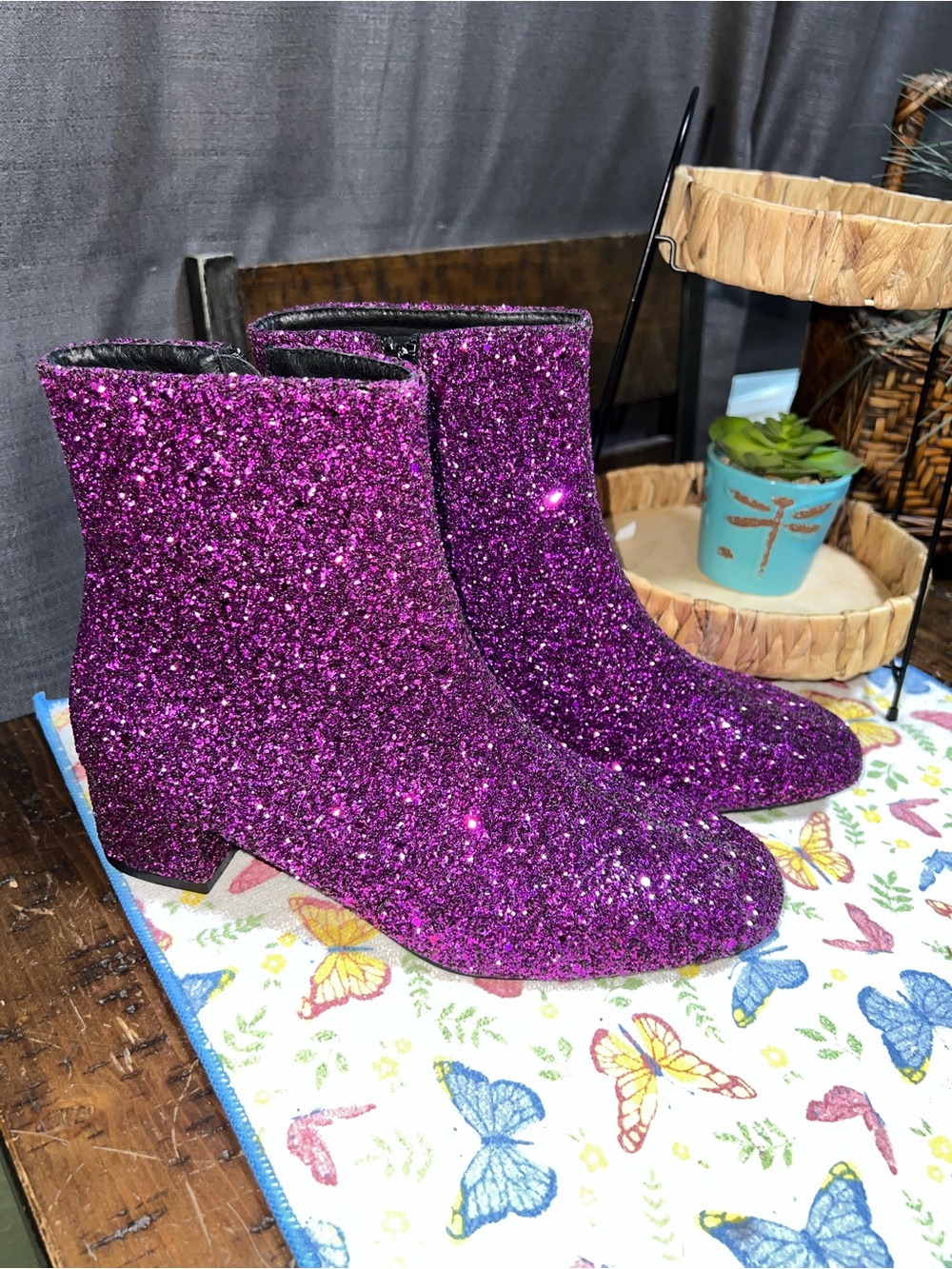 Glitter Ankle Boots - Purple Sparkle Mardi Gras Party LSU Heel Chunky